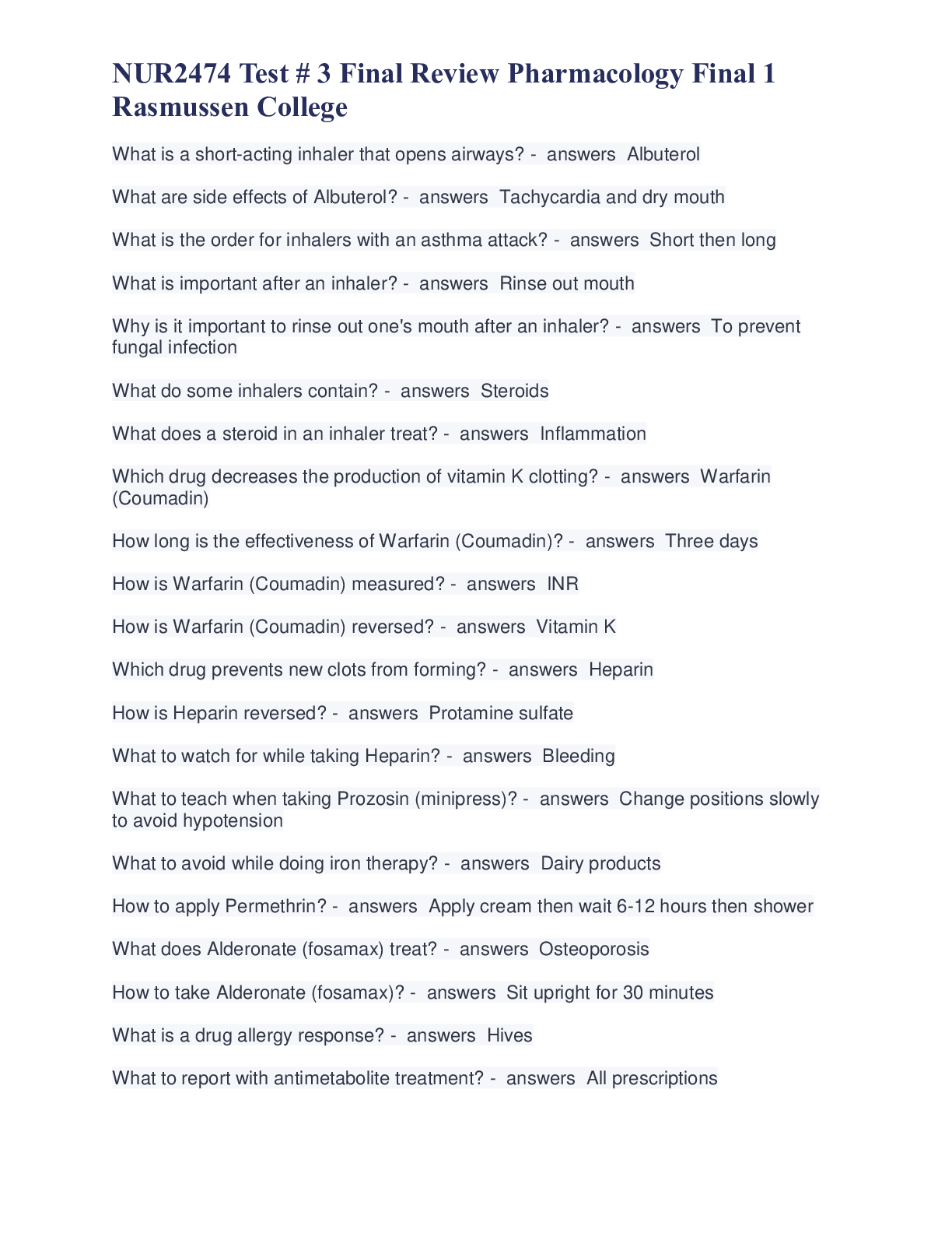 Preview image for NUR2474 Test # 3 Final Review Pharmacology Final 1 Rasmussen College